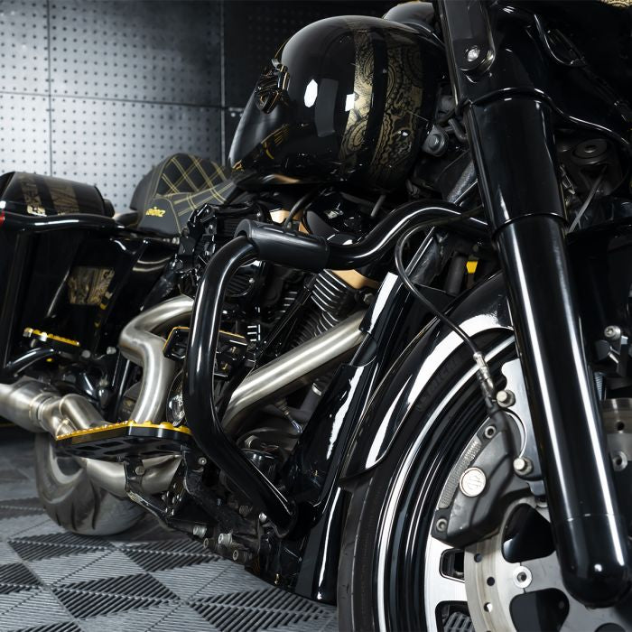 black mustached engine guard for harley touring