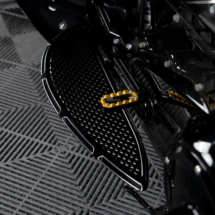 HOGWORKZ® Black Heaterz Driver Floorboards for Harley® Touring & Softail on harley bike
