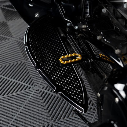 HOGWORKZ® Black Heaterz Driver Floorboards for Harley® Touring & Softail on harley bike