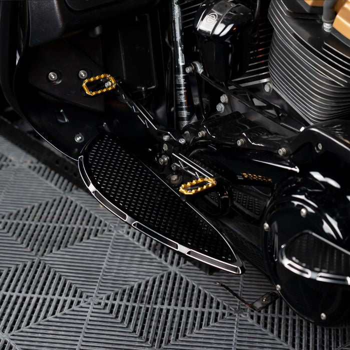 HOGWORKZ® Black Heaterz Driver Floorboards for Harley® Touring & Softail on bike