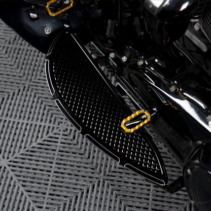 HOGWORKZ® Black Heaterz Driver Floorboards for Harley® Touring & Softail on black harley