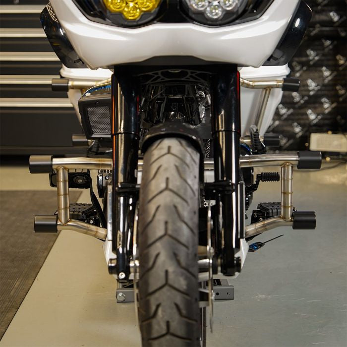 HOGWORKZ® Stainless Double Barrel Performance Engine Guard for Harley® Touring on bike front