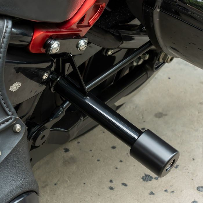 Black Passenger Peg Crash Bar / Frame Slider for Harley® Softail close up