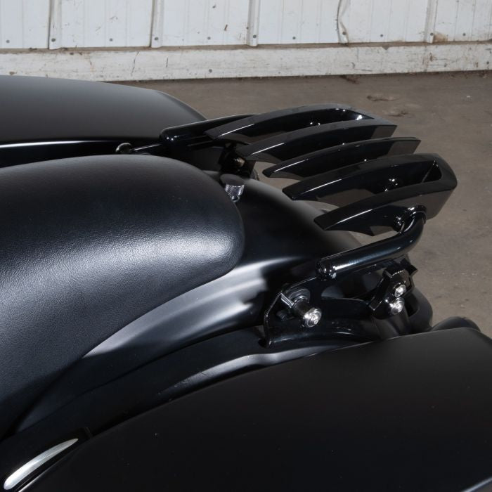 HOGWORKZ Black Detachable Harley-Davidson® Touring Stealth B2 Luggage Rack on denim black street glide