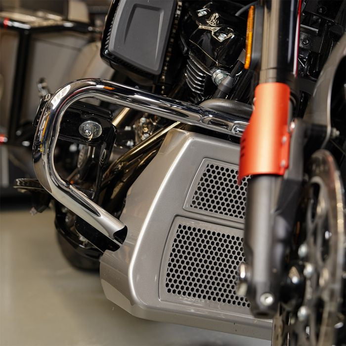 Chrome Chopped Engine Guard for Harley® Touring from HOGWORKZ on bike angle
