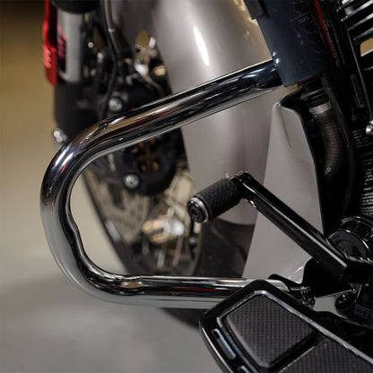 Chrome Chopped Engine Guard for Harley® Touring from HOGWORKZ on bike rear view