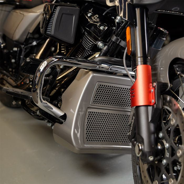 Chrome Chopped Engine Guard for Harley® Touring from HOGWORKZ on bike angle