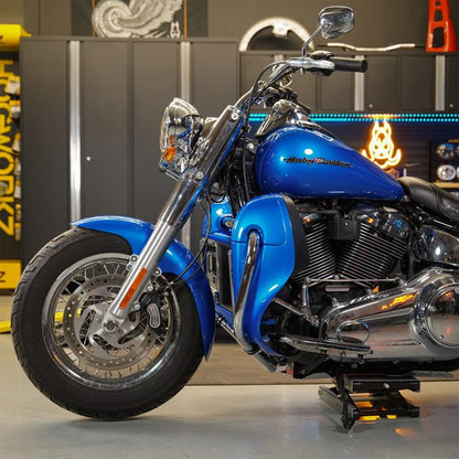 Chrome Lower Vented Fairing Engine Guard for Harley® Softail on blue bike