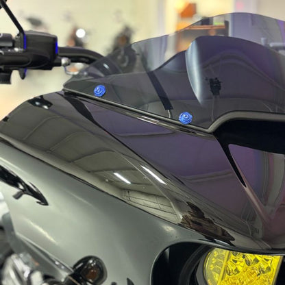 Blue Windshield Bolts for Harley® Road Glide from HOGWORKZ close up
