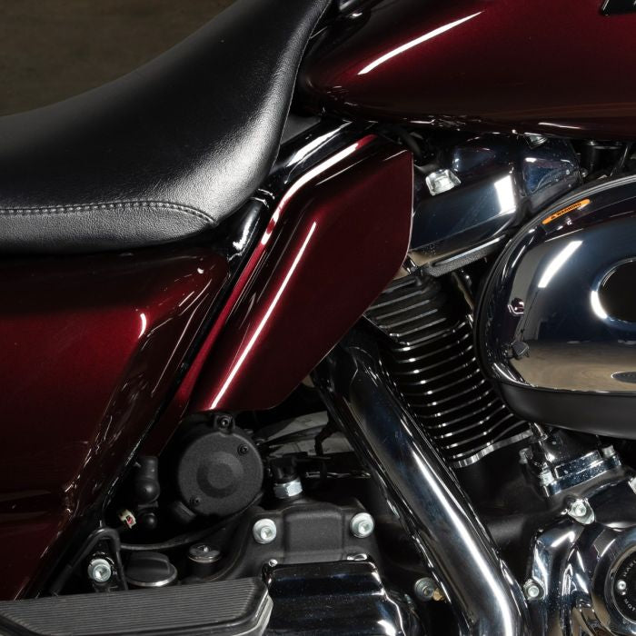 Color Match Harley® Touring Mid-Frame Air Deflectors from HOGWORKZ on a twisted cherry bike