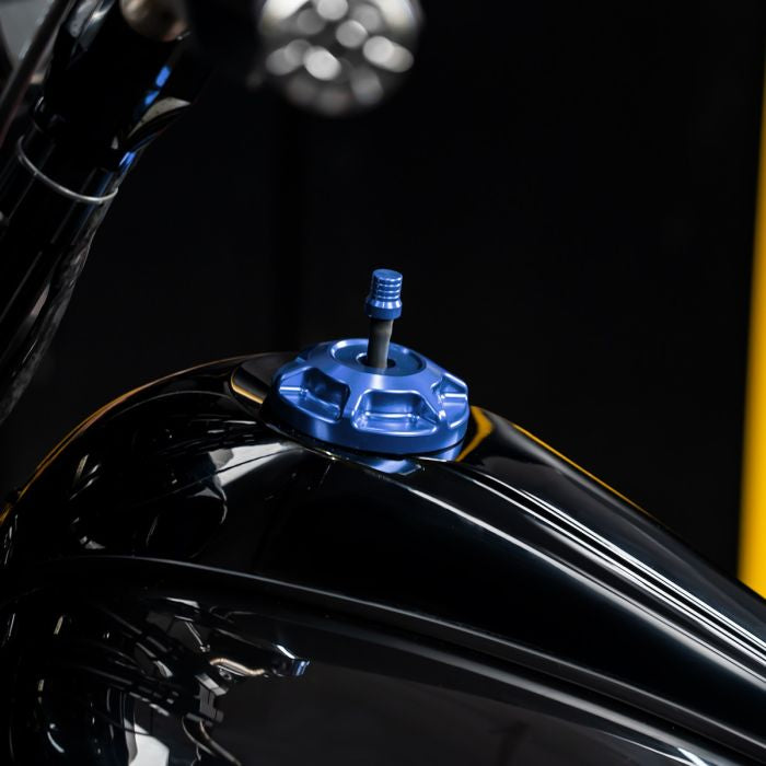 Blue HOGWORKZ® Performance MX Gas Cap for Harley-Davidson® Motorcycles on bike