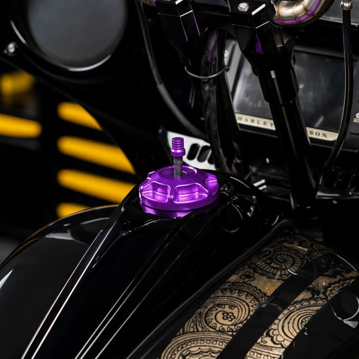 Purple HOGWORKZ® Performance MX Gas Cap for Harley-Davidson® Motorcycles on bike