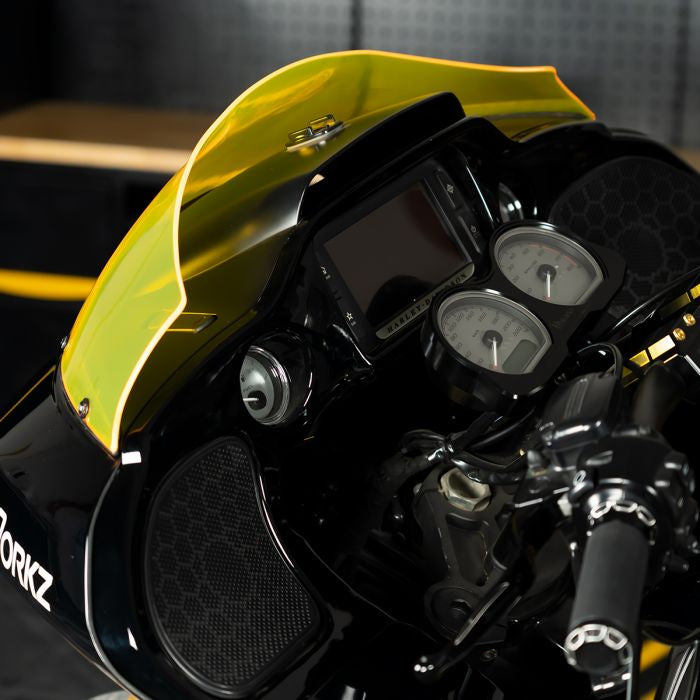 Yellow HOGWORKZ® Flowz™ 7" Windshield for Harley® Road Glide on bike
