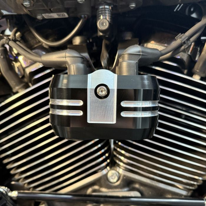 Black Contrast Ignition Coil Cover for Harley® Touring / Softail from HOGWORKZ close up
