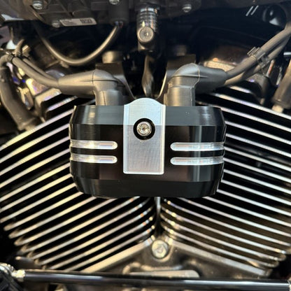 Black Contrast Ignition Coil Cover for Harley® Touring / Softail from HOGWORKZ close up