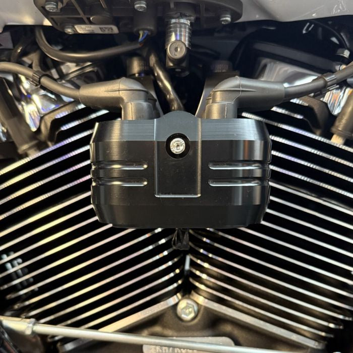 Black Ignition Coil Cover for Harley® Touring / Softail kit from HOGWORKZ close up