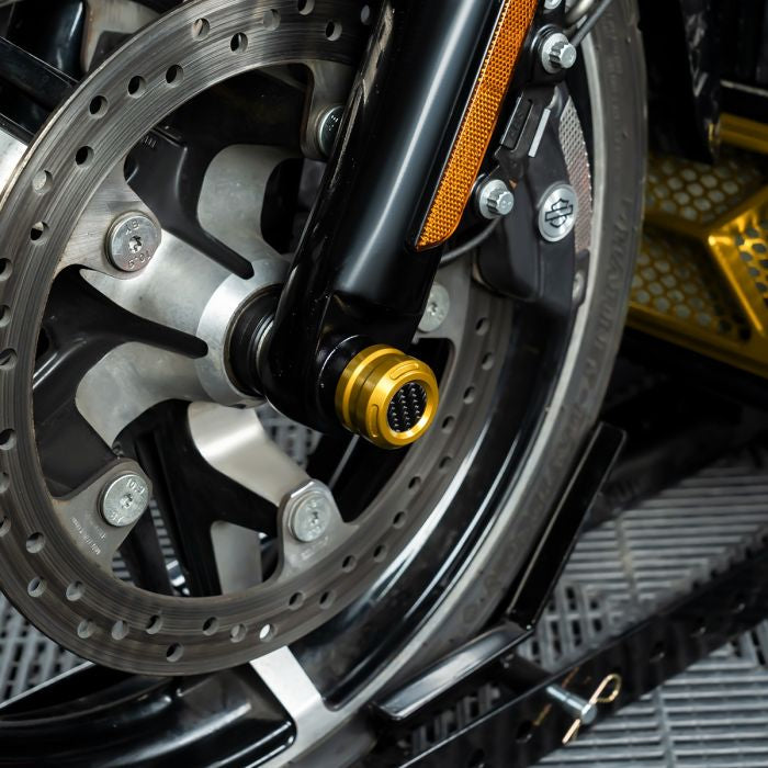 Gold Anodized Carbon Inlay Front Axle Covers for Harley® Touring