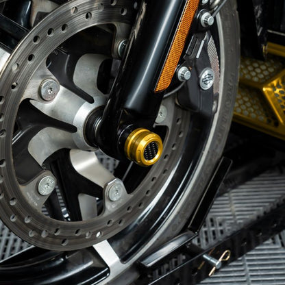 Gold Anodized Carbon Inlay Front Axle Covers for Harley® Touring