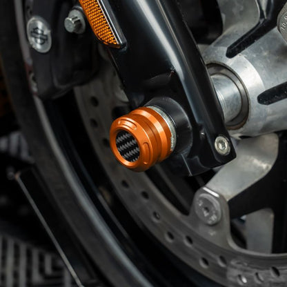 Orange Anodized Carbon Inlay Front Axle Covers for Harley® Touring