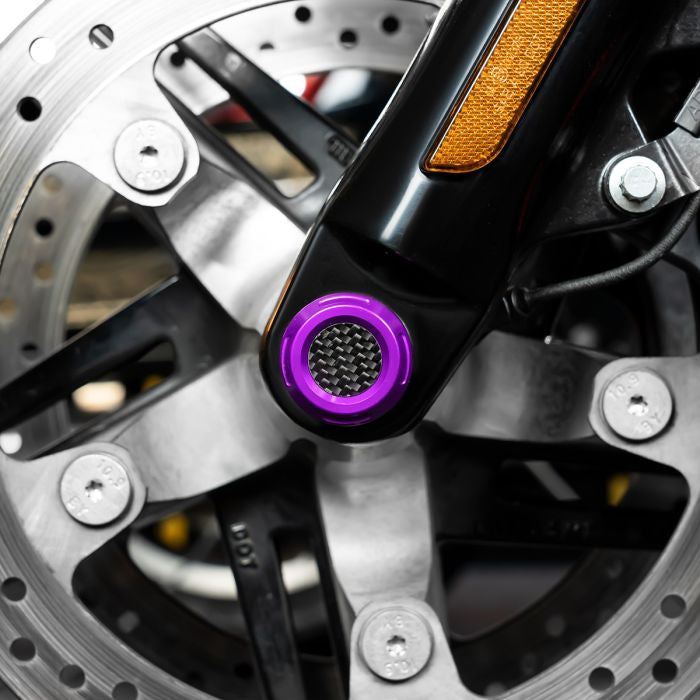 Purple Anodized Carbon Inlay Front Axle Covers for Harley® Touring