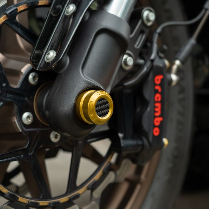 Gold Anodized Front Axle Covers for Harley® Softail w/ Inverted Forks