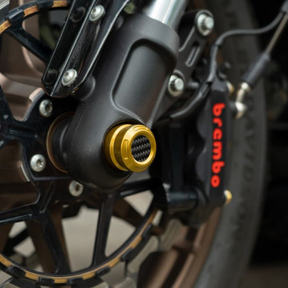 Gold Anodized Front Axle Covers for Harley® Softail w/ Inverted Forks