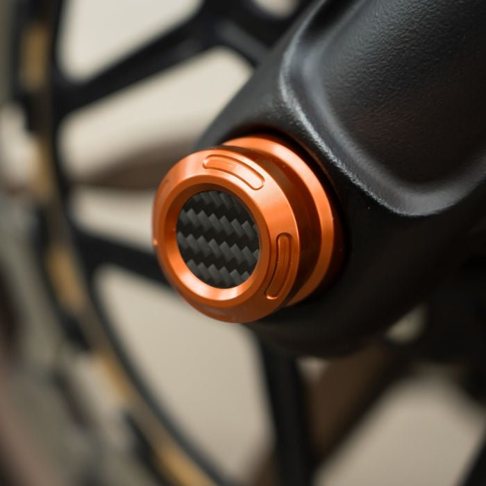 Orange Anodized Front Axle Covers for Harley® Softail w/ Inverted Forks