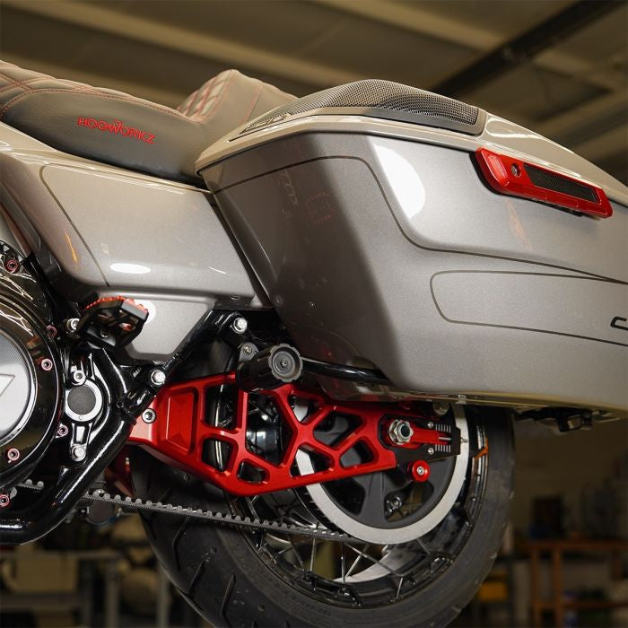 HOGWORKZ® Red Peformance Billet Aluminum Swingarm Kit on Harley® Touring