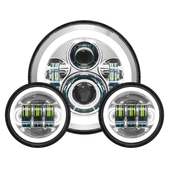 Harley® touring LED HALOMAKER Headlight in chrome from HOGWORKZ SIDE angle