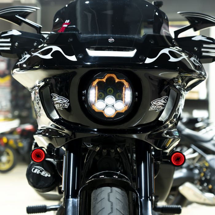7" LED Silvertooth™ Performance Headlight for Harley® Low Rider ST on bike front view
