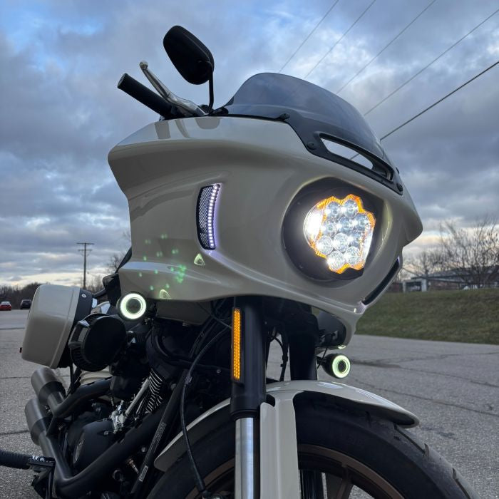 7" LED Silvertooth™ Performance Headlight for Harley® Low Rider ST on white bike