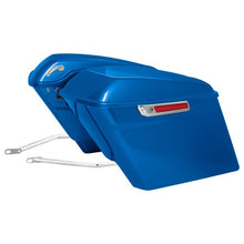Legend blue Harley softail conversion kit with stretched saddlebags and Chrome hardware from HOGWORKZ