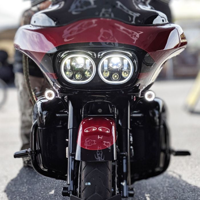 Harley® Road Glide '98-'13 Dual LED Black HALOMAKER® Headlight from HOGWORKZ® front view on road glide