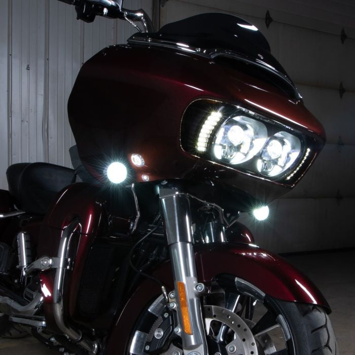 Harley® Road Glide Dual Visionz™ LED Headlight from HOGWORKZ® on bike angle view
