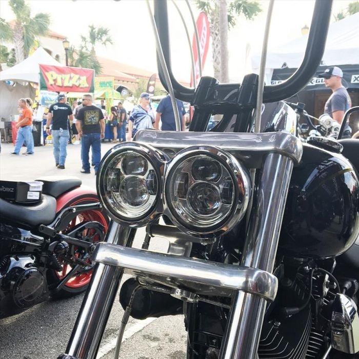 Harley Dyna Fat Bob 4.65" LED Chrome Headlight from HOGWORKZ on motorcycle
