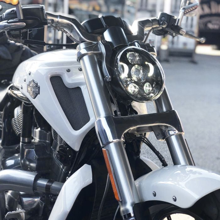 Harley V-Rod '02-'17 Blackout LED Headlight from HOGWORKZ lit up