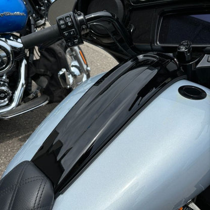 Vivid Black Flatline Tank Topper™️ Dash Console from HOGWORKZ on bike