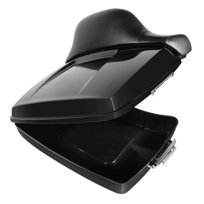 Color Match Harley® Touring Chopped Tour Pack with Full Backrest and Chrome Hardware open