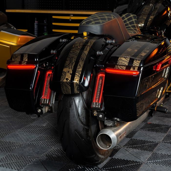 Slimz™ LED Saddlebag Lights for HOGWORKZ® Hardline Chopped Saddlebags with Smoked Lens on harley bike
