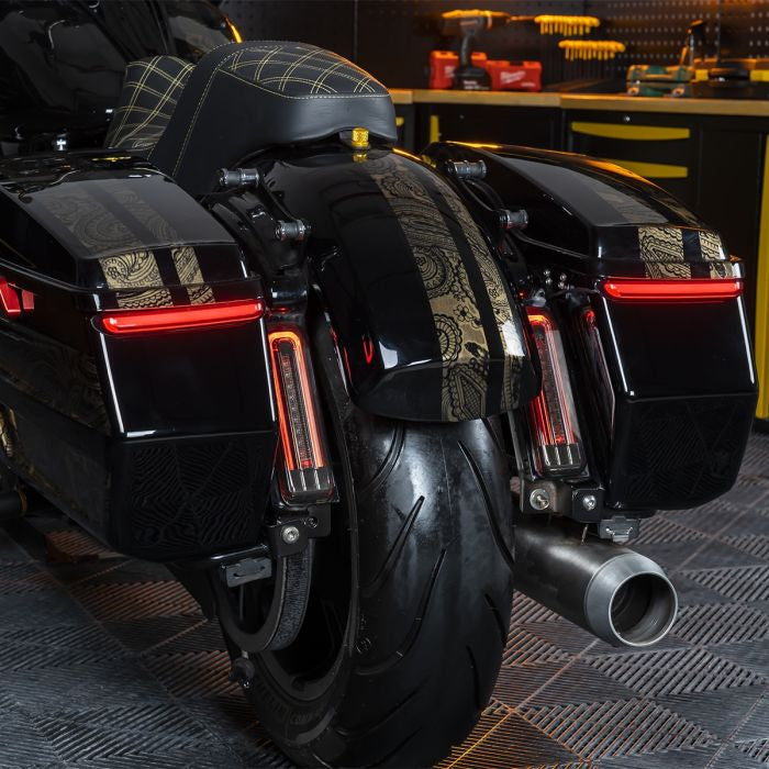 Slimz™ LED Saddlebag Lights for HOGWORKZ® Hardline Chopped Saddlebags with Smoked Lens on harley bike