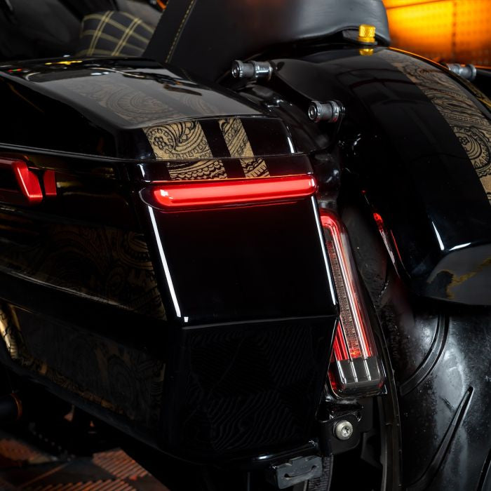 Slimz™ LED Saddlebag Lights for HOGWORKZ® Hardline Chopped Saddlebags with Smoked Lens close up