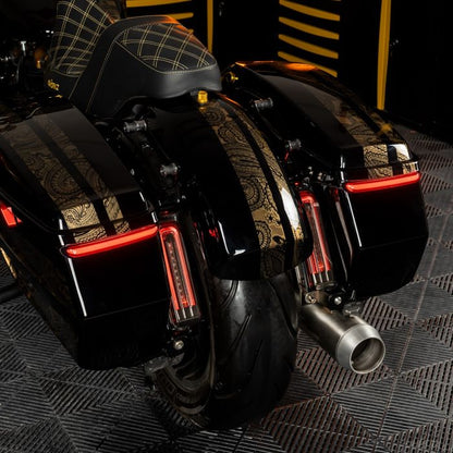 Slimz™ LED Saddlebag Lights for HOGWORKZ® Hardline Chopped Saddlebags with Smoked Lens on bike