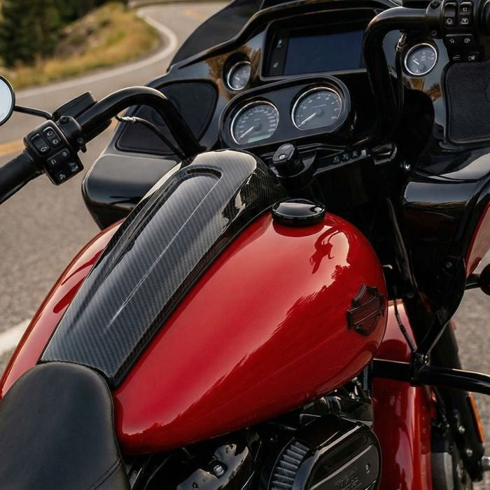 Carbon Fiber Flatline Tank Topper™️Dash Console for Harley® FLHXS / FLTRXS from HOGWORKZ on red bike