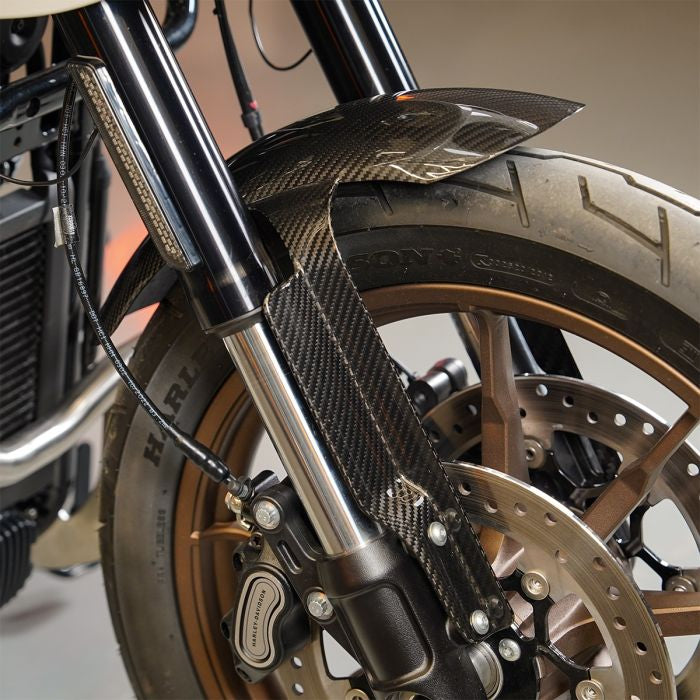 Carbon Fiber Chopped Front Fender for Harley® Low Rider S / Low Rider ST from HOGWORKZ on white bike