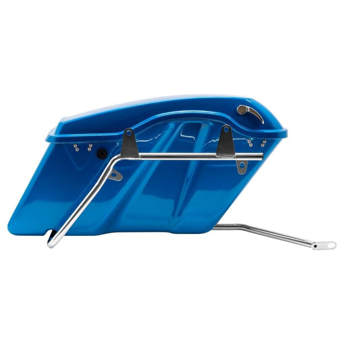 Chrome Harley® Softail Conversion Brackets for Hard Saddlebags from HOGWORKZ inside with electric blue saddlebag