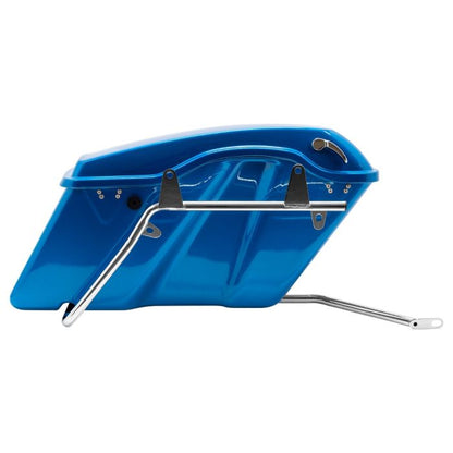 Chrome Harley® Softail Conversion Brackets for Hard Saddlebags from HOGWORKZ inside with electric blue saddlebag