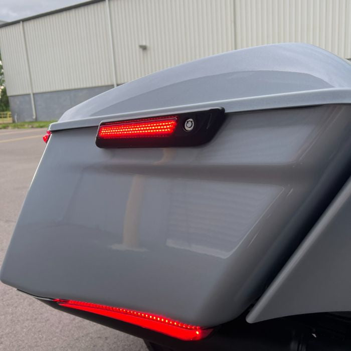 Black Saddlebag LED Latch Coverz™ for Harley® Touring Red Lens from HOGWORKZ on street glide