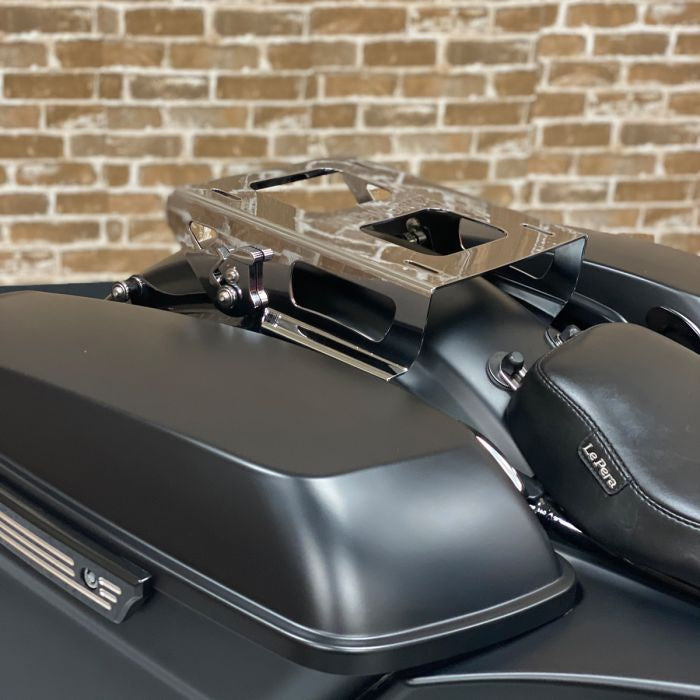 Harley® Touring Solo Tour Pack Mount in Chrome on bike