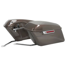 Industrial gray denim Harley softail conversion kit with standard saddlebags and Chrome hardware from HOGWORKZ
