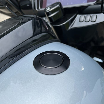 Black Flush Mount Pop-Up Gas Cap for Harley-Davidson® from HOGWORKZ®  on street glide in atlas silver close up